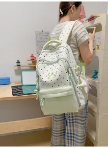 Zaino scolastico a pois carino con fiocco, zaino casual leggero e quotidiano per studenti.