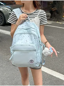 Cute light blue star print school backpack for student girls, sweet Japanese style lightweight daypack.