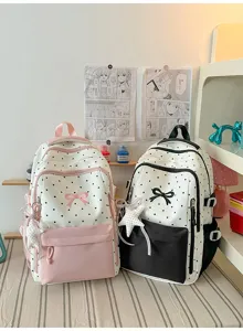 Zaino scolastico a pois carino con fiocco, zainetto casual leggero per adolescenti.