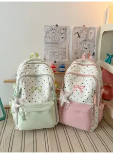 Dettaglio dello zaino a pois in stile kawaii con ricamo di fiocco e ciondolo a stella.
