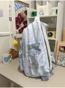 Zaino azzurro chiaro carino con stampa di stelle grande borsa da scuola per ragazze