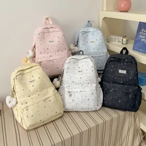 Cute Japanese style star print school backpack set for teen girls, casual large capacity bags.