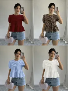 Women Peplum Top Puff Short Sleeve Tie Front Round Neck Leopard Print Casual Blouse Summer Vacation Fashion Polyester Shirt