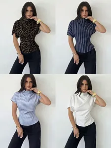 Damen Schlanke Passform Flatterärmel Bluse Lässig Leopardenmuster Gestreift Bedruckt Top Mit Reißverschluss Sommer Hemd
