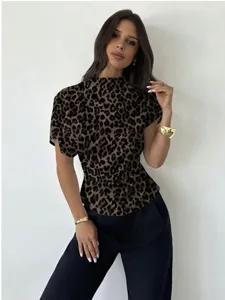 Leopardendruck Kurzarm Tailliertes Pendler Oberteil, stilvolles Sommer Mode Damenhemd.