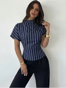 Damen Marineblau Gestreift Hochhalsig Kurzarm Bluse Lässige Arbeit Büro Oberteil.