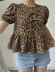 Leopard print puff sleeve tie front blouse with ruffle hem for women stylish casual top