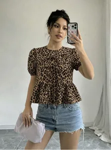 Leopard print short sleeve blouse with bow tie front, casual chic summer top for women.