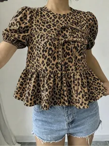 Women leopard print short sleeve blouse with front tie puff sleeves peplum hem casual top main