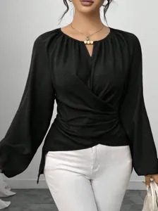 Damen Casual Einfarbig Unregelmäßiger Saum Langarm Bluse V-Ausschnitt Elegantes Pendler Oberteil
