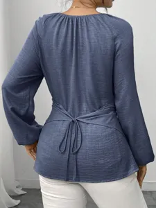 Einfarbig unregelmäßiger Saum Langarm Bluse, stilvolles Vintage Slim Fit Pendler Oberteil.