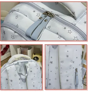 Vista dettagliata di uno zaino azzurro carino con motivo a stelle e pratiche tasche con zip.