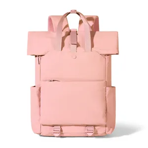 Pink roll-top backpack casual travel daypack commuter laptop school bag for daily use