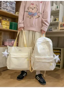 Japanese style canvas school backpack and tote bag set with cute star print for students.