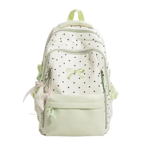 Zaino a pois carino per donne, borsa scolastica leggera in stile coreano con bel fiocco.