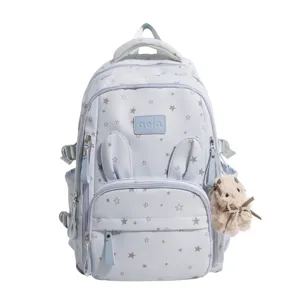 Zaino per studenti azzurro carino con motivo a stelle orecchie di coniglio e ciondolo peluche