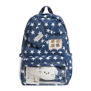 Blauer Rucksack mit Sternenmuster, transparenter Sichtfenster und Plüschtier groß.