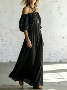 Black off shoulder puff sleeve maxi dress detail, elegant draped A line long resort dress style.