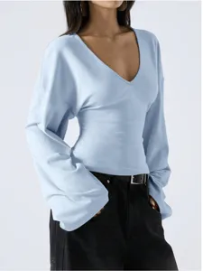 European and American V-neck loose drop-shoulder bell-sleeve top casual solid color elegant blouse