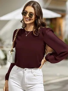 Elegant women's long sleeve burgundy blouse, casual crew neck chic workwear top for daily wear