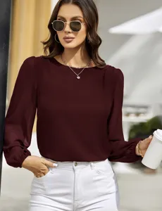 Elegant solid burgundy long sleeve blouse for women, casual chic office work wear top.