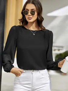 Elegant black long sleeve blouse for women, perfect for daily commuting and office wear.