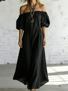 Off-shoulder puff sleeve black maxi dress elegant draped a-line resort wear long dress