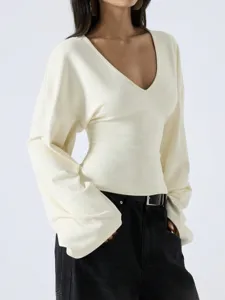 Women V Neck Flare Sleeve Shirt Simple Solid Color Drop Shoulder Top Office Lady Casual Slim Fit Polyester Blouse Long Sleeve Pullover