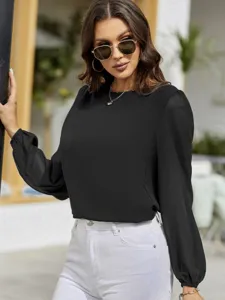 Classic black long sleeve blouse for women, elegant crew neck casual daily workwear top