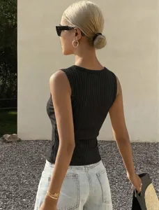 Top côtelé noir pour femme, débardeur sans manches ajusté basique streetwear d'été.
