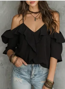 Detail view of the black off-shoulder ruffle camisole top with delicate straps and v-neck.