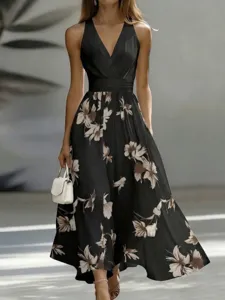 Elegante abito lungo nero floreale, scollo a V smanicato con vita stretta per l'estate.