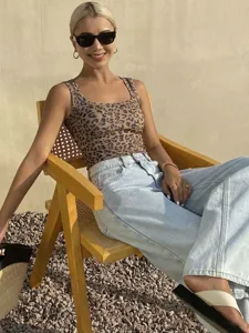 Sexy basique bretelles larges col carré imprimé léopard débardeur slim rétro pour femme