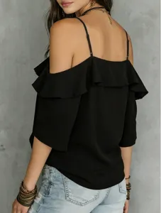 Black cold shoulder ruffle cami top, loose off shoulder short sleeve blouse for women.