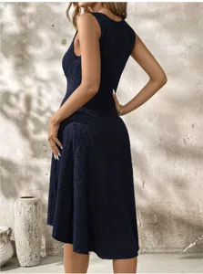 Elegant sleeveless midi dress for women, textured high waist commuter dress for daily wear.