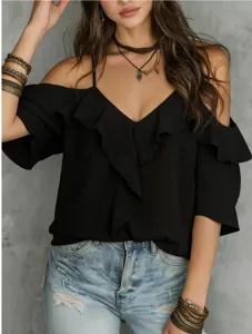 Off-shoulder ruffle camisole top, V-neck loose casual blouse for women summer resort wear.