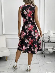 Detailed view of the elegant floral sleeveless midi dress, featuring a high waist design.
