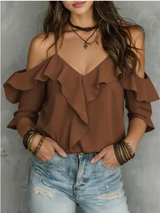 Detailed view of the brown off-the-shoulder ruffle camisole, showing delicate fabric texture.
