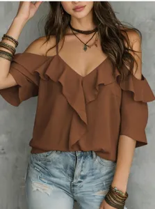 Brown off-the-shoulder ruffle top, V-neck spaghetti strap loose cold shoulder blouse.