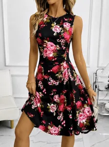 Sleeveless floral midi dress featuring a chic ruched high waist and elegant A-line silhouette.