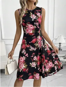 Chic sleeveless floral print midi dress with a flattering high waist and elegant cut style.