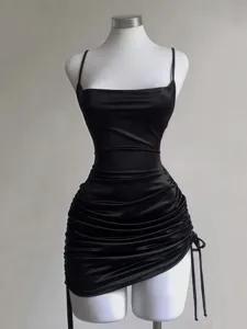 Women Satin Bodycon Mini Dress Square Neck Backless Ruched Drawstring Sexy Party Clubwear Solid Color Sleeveless Dress
