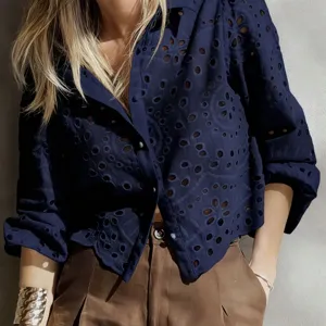 Women navy blue eyelet embroidered cropped blouse French chic holiday breathable shirt