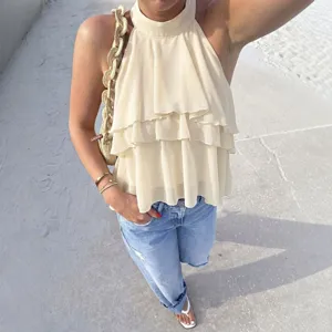 Women's Summer Halter Neck Tiered Chiffon Tank Top Casual Sleeveless Backless Shirt
