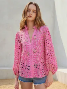 Detailed view of women pink V-neck hollow out embroidered lantern sleeve fashion blouse shirt.