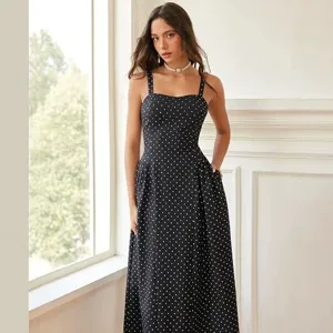 French vintage square neck polka dot maxi dress with pockets, elegant A-line long dress.
