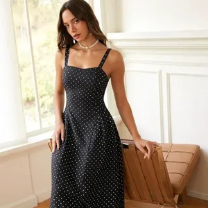 Detailed view of the French vintage square neck polka dot long dress showcasing design.