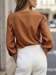 French style V-neck office blouse with elegant lantern sleeves for women daily wear.