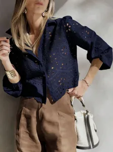 Navy blue eyelet embroidered blouse detail, French style chic crop top with short sleeves.