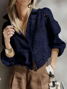French vintage navy blue eyelet embroidered short blouse with puff sleeves for women vacation chic